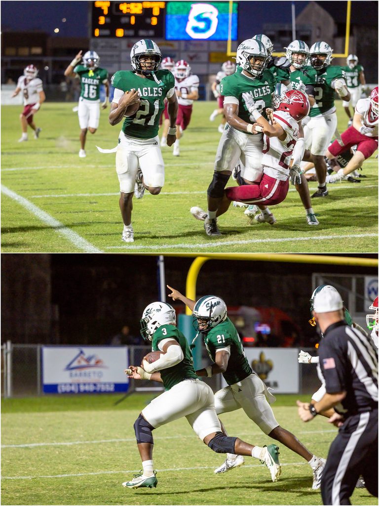 Top photo is Tahj Turner blocking for Rontrae Carter's interception and the bottom photo is Rontrae Carter cheering on Tahj Turner while he runs into the end zone with a picked up fumble