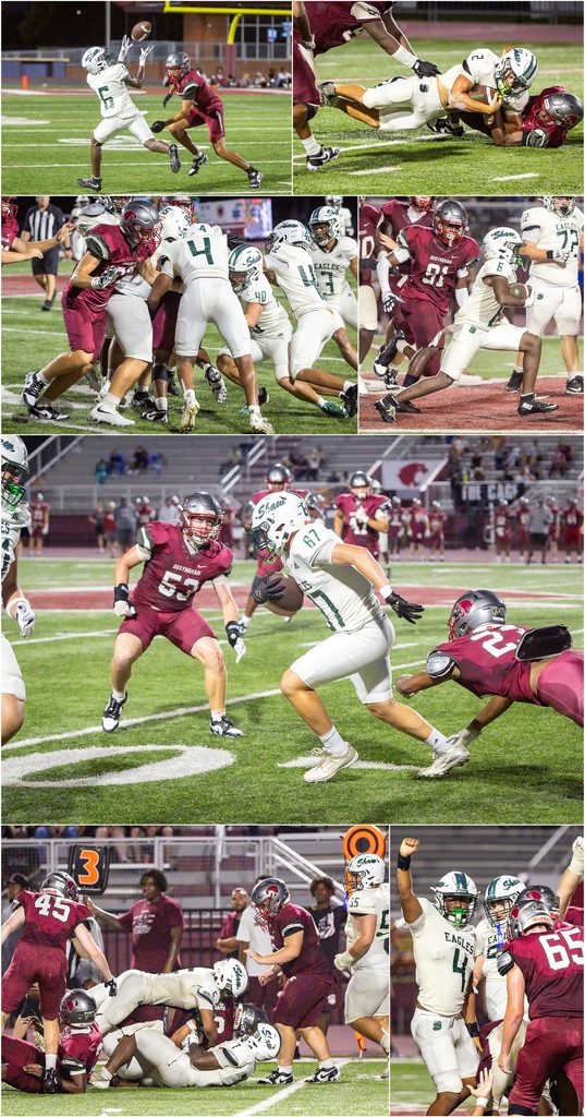 Archbishop Shaw Eagles JV football team against Destrehan High school including Ted Reine, III, tight end, on a catch and carry.