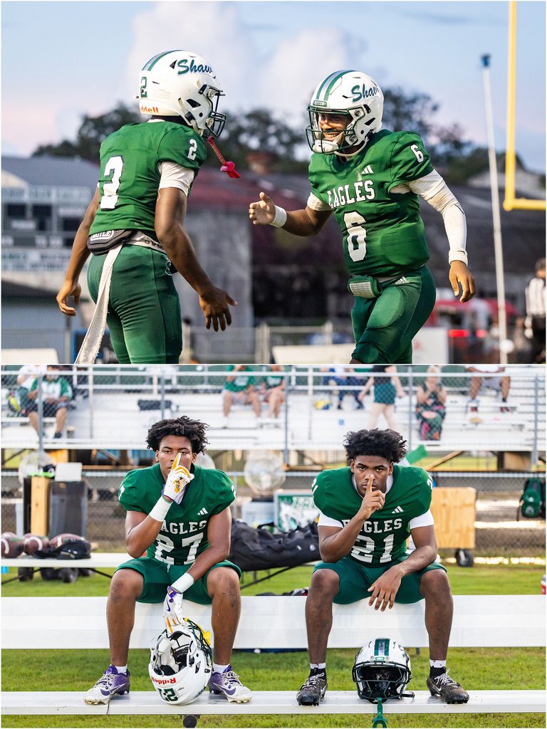 Archbishop Shaw Eagles football players Allen shaw, Cobey Jones, Rontrae Carter, and Harlem Thomas celebrating their successful plays.