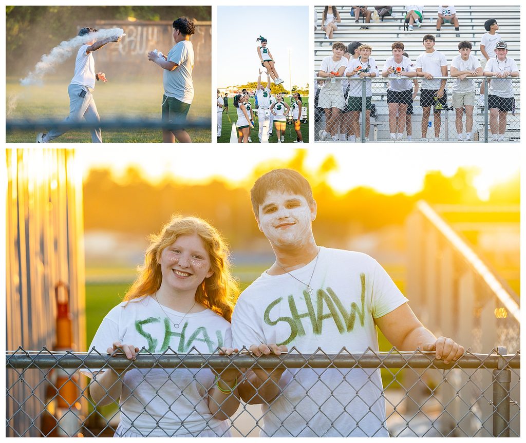 Students and cheerleaders get ready for the game and celebrate the powder game by throwing baby powder.